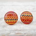 Tribal Earring Studs, Orange Red Earrings, Small Studs Posts, Aztec Studs