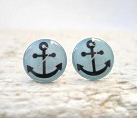 Anchor Earrings Nautical Ear Stud, Baby Blue Black, Sea