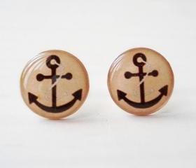 Vintage Anchor Earrings in Brown - Beige or Peach - Blue, Vintage Jewelry, Nautical