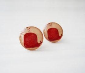 Whale Earrings Red Beige, Small Studs Posts, Nautical Jewelry