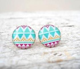 Aztec Geometric Stud Earrings, in White Turquoise Violet, Pure Color Jewelry
