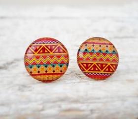 Tribal Earring Studs, Orange Red Earrings, Small Studs Posts, Aztec Studs