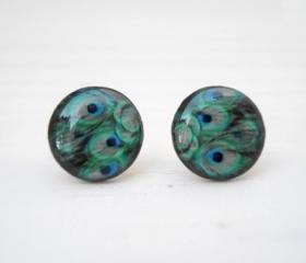 Peacock Feather Earrings Green Jewelry, Trendy Studs, Cute Earrings