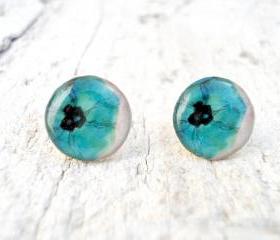 Ear Stud, Aqua Blue Turquoise Poppies Earrings ,Gift for Her 