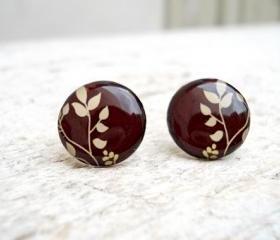 Brown Cream Ivory Botanical Stud Earrings, Awesome, Cute Jewelry