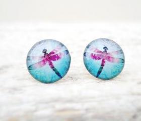Dragonfly Earring Studs, Blue Purple, Spring Earrings, Medium Studs