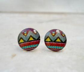 NEW Tribal Earrings, Boho Geometric Ear Studs, in Chocolate, Yellow, Blue, Grey